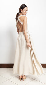 Load image into Gallery viewer, Elastic Waist Criss Cross Back Dress - Beige Linen
