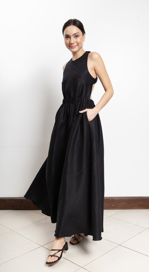Elastic Waist Criss Cross Back Dress - Black Linen