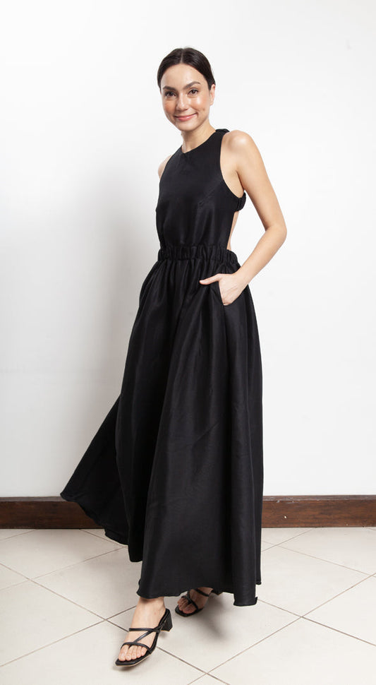 Elastic Waist Criss Cross Back Dress - Black Linen