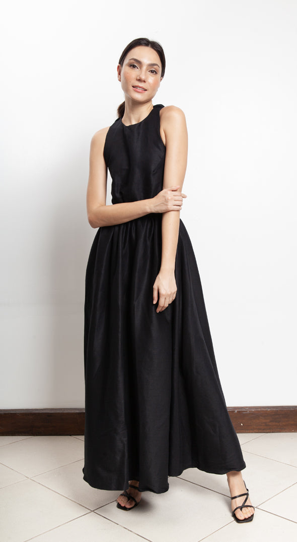 Elastic Waist Criss Cross Back Dress - Black Linen