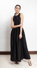 Load image into Gallery viewer, Elastic Waist Criss Cross Back Dress - Black Linen
