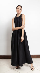Elastic Waist Criss Cross Back Dress - Black Linen