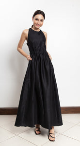 Elastic Waist Criss Cross Back Dress - Black Linen