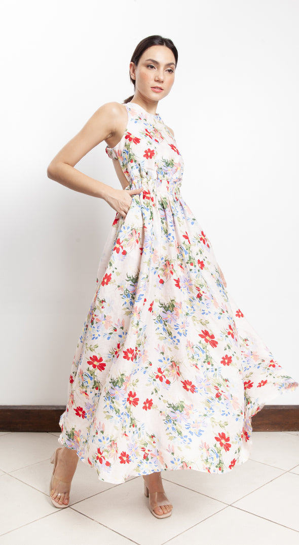 Elastic Waist Criss Cross Back Dress - Pink Floral