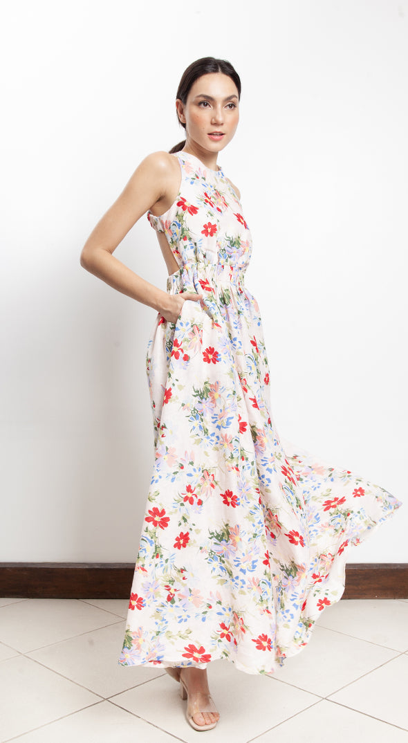 Elastic Waist Criss Cross Back Dress - Pink Floral