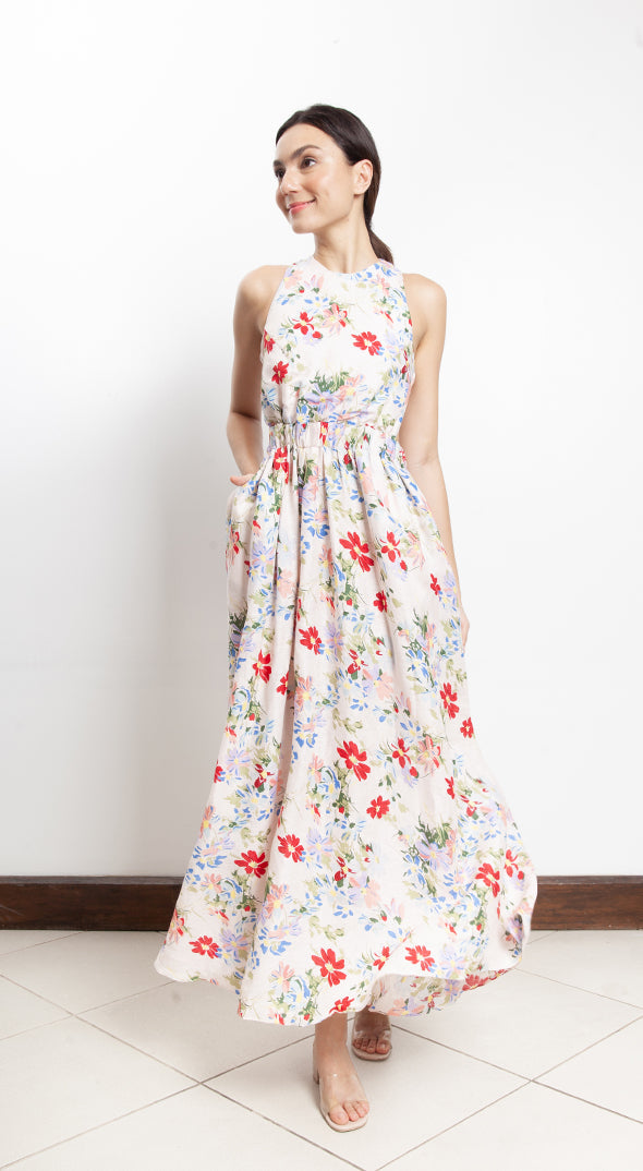 Elastic Waist Criss Cross Back Dress - Pink Floral