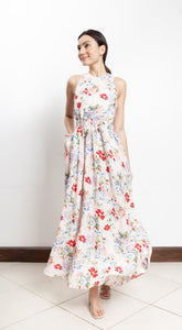 Elastic Waist Criss Cross Back Dress - Pink Floral