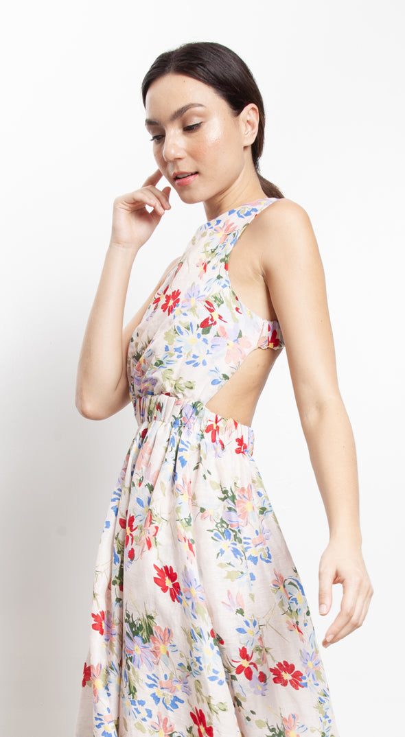 Elastic Waist Criss Cross Back Dress - Pink Floral