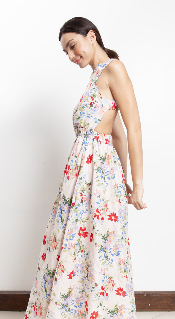 Elastic Waist Criss Cross Back Dress - Pink Floral