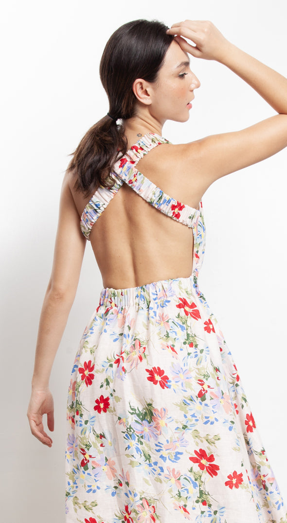 Elastic Waist Criss Cross Back Dress - Pink Floral