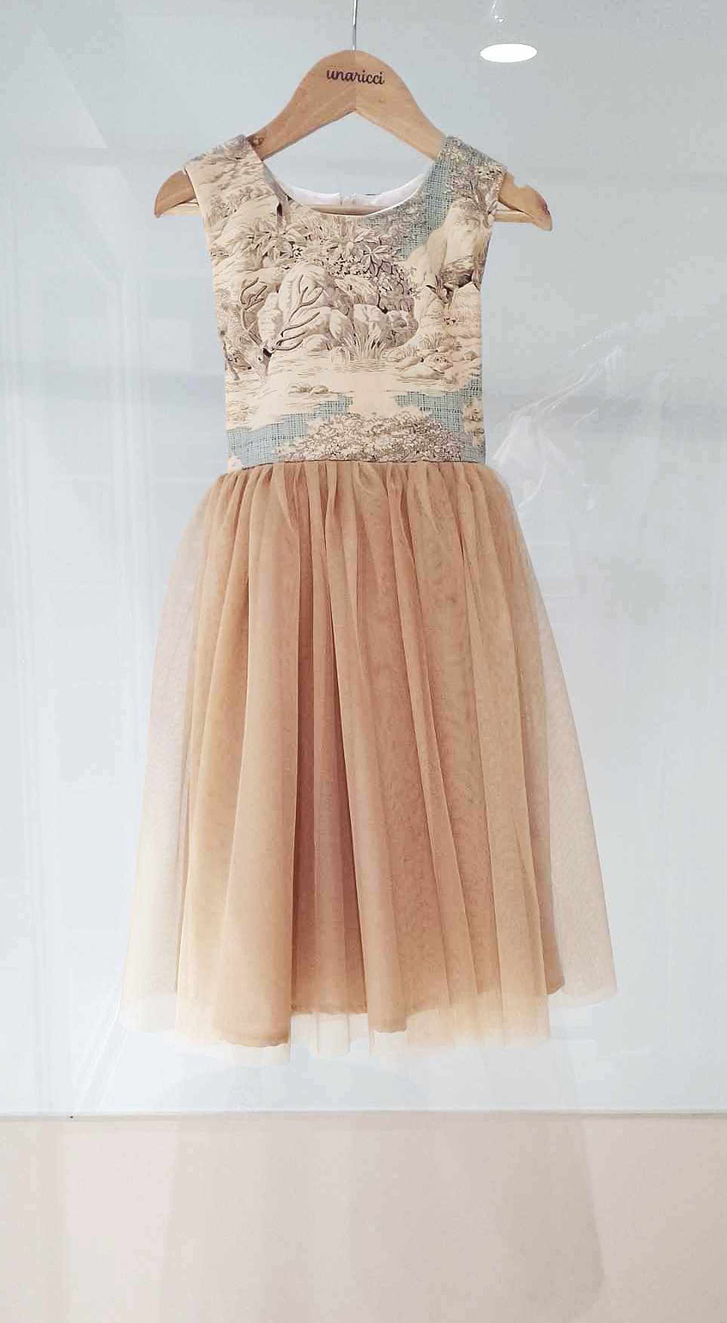 Emma Tulle Midi Dress - Green Deer w/ Nude Tulle Skirt