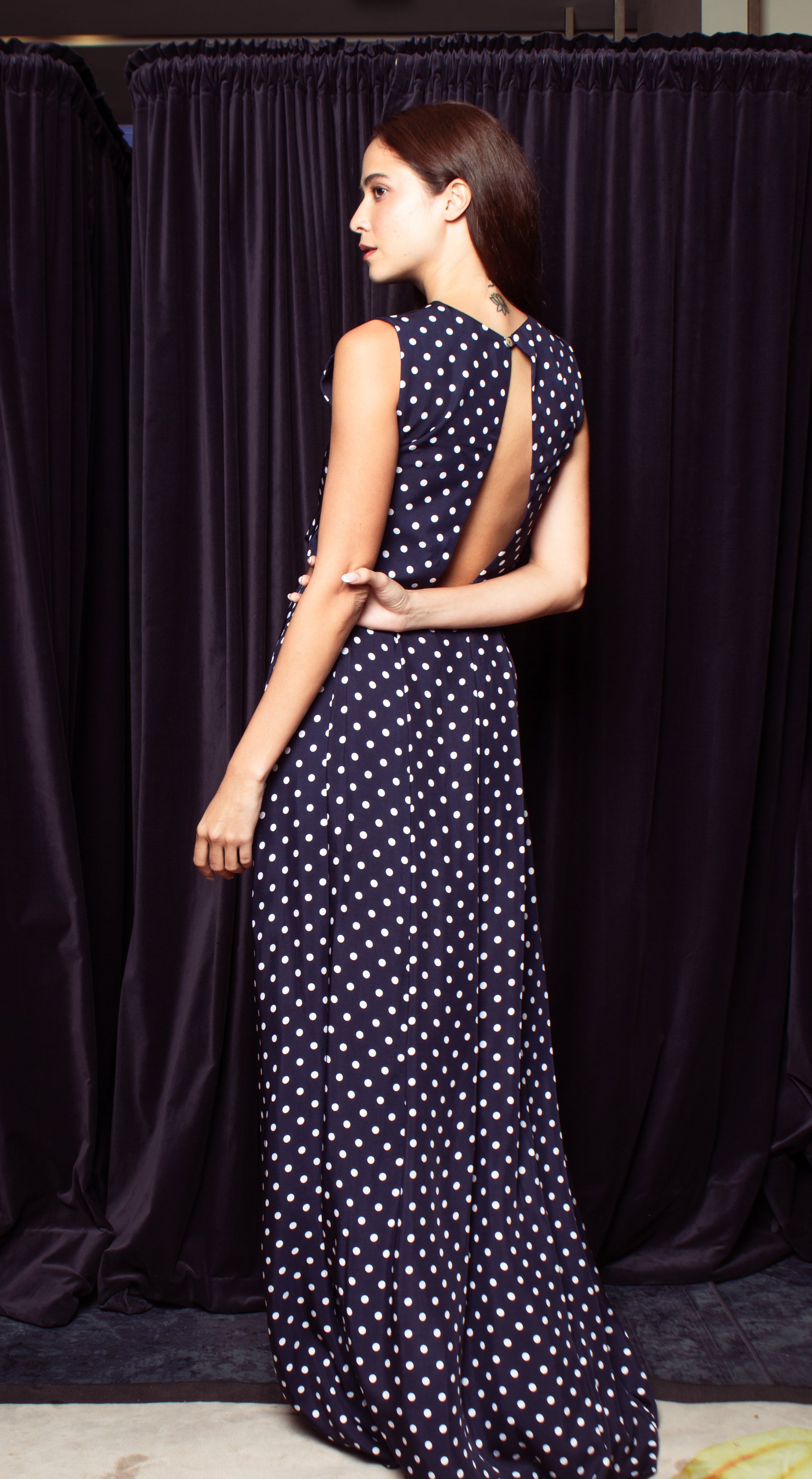 Front and Back Pleated Versatile Long Skirt - Blue-Based Polka Dot