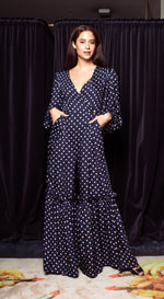 Load image into Gallery viewer, Front Wrap Jumpsuit Shirred Pants with Detachable Belt - Blue-Based Polka Dot
