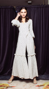 Front Wrap Jumpsuit Shirred Pants with Detachable Belt - White-Based Polka Dot