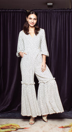 Load image into Gallery viewer, Front Wrap Jumpsuit Shirred Pants with Detachable Belt - White-Based Polka Dot
