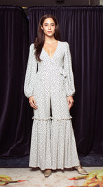 Load image into Gallery viewer, Front Wrap Side Tie Enclosure Jumpsuit Shirred Pants - White-Based Polka Dot
