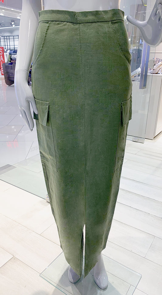 Pencil Skirt Front Slit - Army Green Linen
