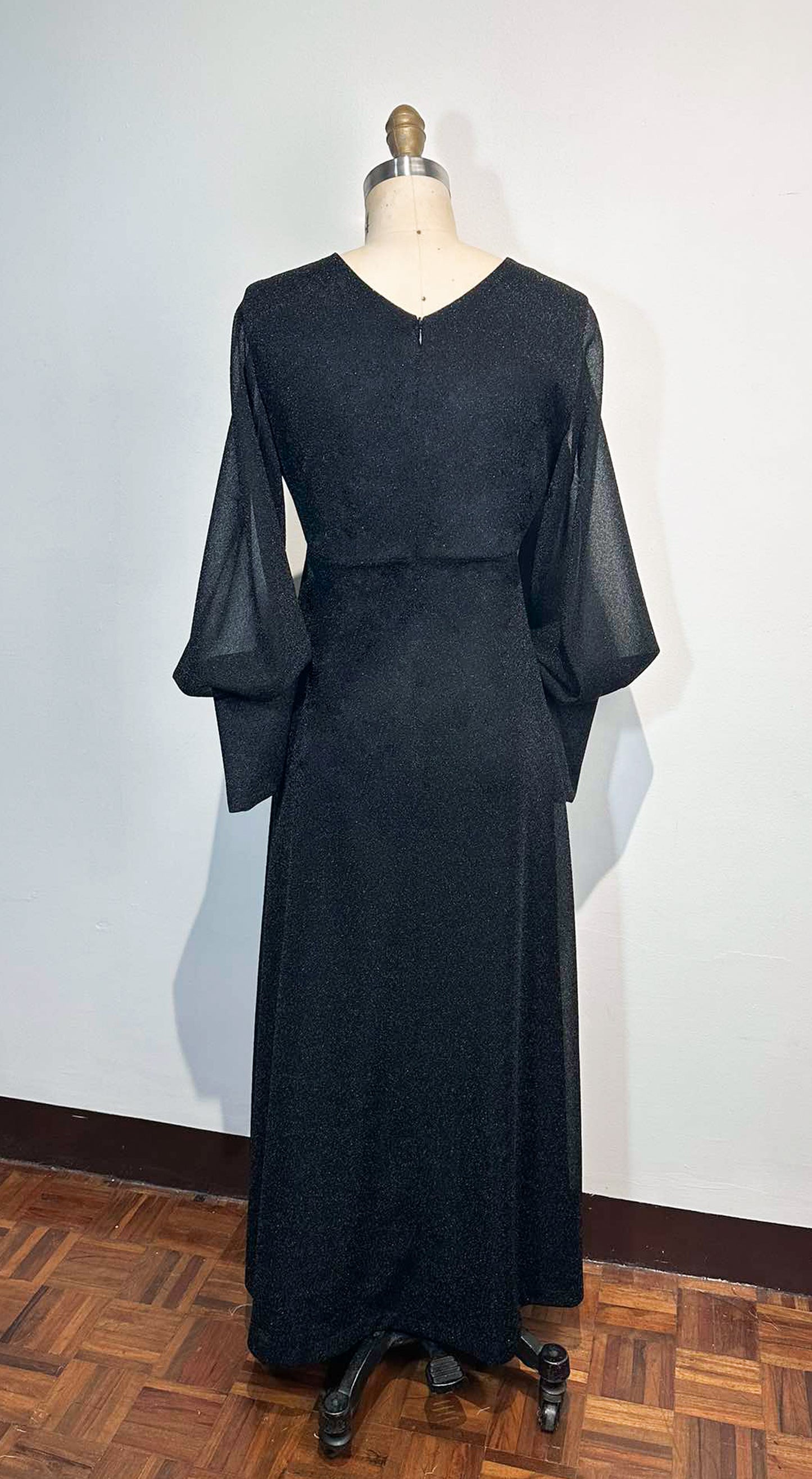 A-Line Skirt Dress Bell Sleeves with OS Cuffs in Black Shimmery Fabric
