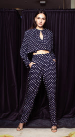 Load image into Gallery viewer, Front Pleated Tapered Pants - Blue-Based Polka Dot

