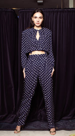 Load image into Gallery viewer, Front Pleated Tapered Pants - Blue-Based Polka Dot
