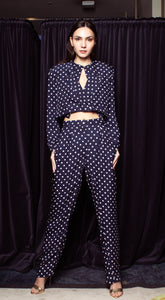Front Pleated Tapered Pants - Blue-Based Polka Dot