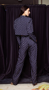 Front Pleated Tapered Pants - Blue-Based Polka Dot