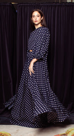 Load image into Gallery viewer, Wrap Dress with Ruffle Hem Trimmings on Sleeve - Blue-Based Polka Dot
