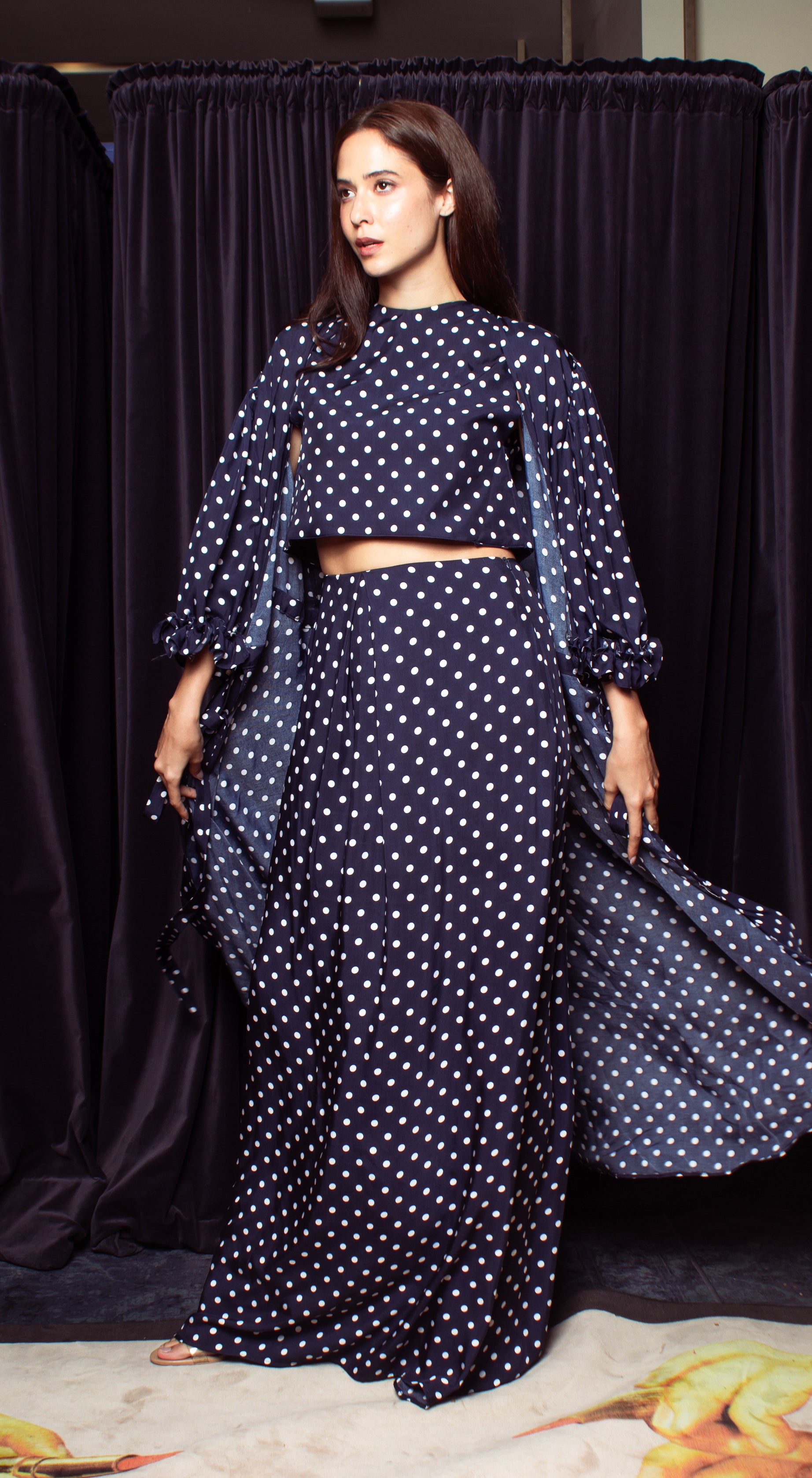 Wrap Dress with Ruffle Hem Trimmings on Sleeve - Blue-Based Polka Dot