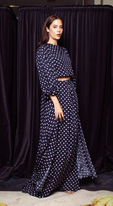 Wrap Dress with Ruffle Hem Trimmings on Sleeve - Blue-Based Polka Dot