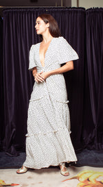 Load image into Gallery viewer, Three Tiered Skirt Wrap Dress - White-Based Polka Dot
