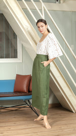 Load image into Gallery viewer, Single Button Flat Front Waistband Back Elastic Wide Hem Pants — Army Green
