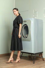 Load image into Gallery viewer, Short Mushroom Sleeve Wrap Midi Dress — Black
