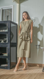 Load image into Gallery viewer, Wide Wrap Belt Dress — Fatigue Green Linen
