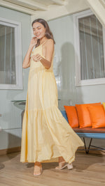 Load image into Gallery viewer, Double Strap V-Neckline Long Dress in Light Yellow Lightweight Cotton Weave

