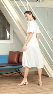 Short Mushroom Sleeve Wrap Midi Dress — White