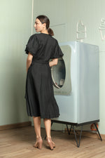 Load image into Gallery viewer, Short Mushroom Sleeve Wrap Midi Dress — Black
