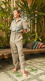 Load image into Gallery viewer, Elastic Waist Oversized Short Sleeve Baggy Jumpsuit — Light Brown / Light Blue
