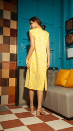 Load image into Gallery viewer, Wide Wrap Belt Dress — Yellow Floral
