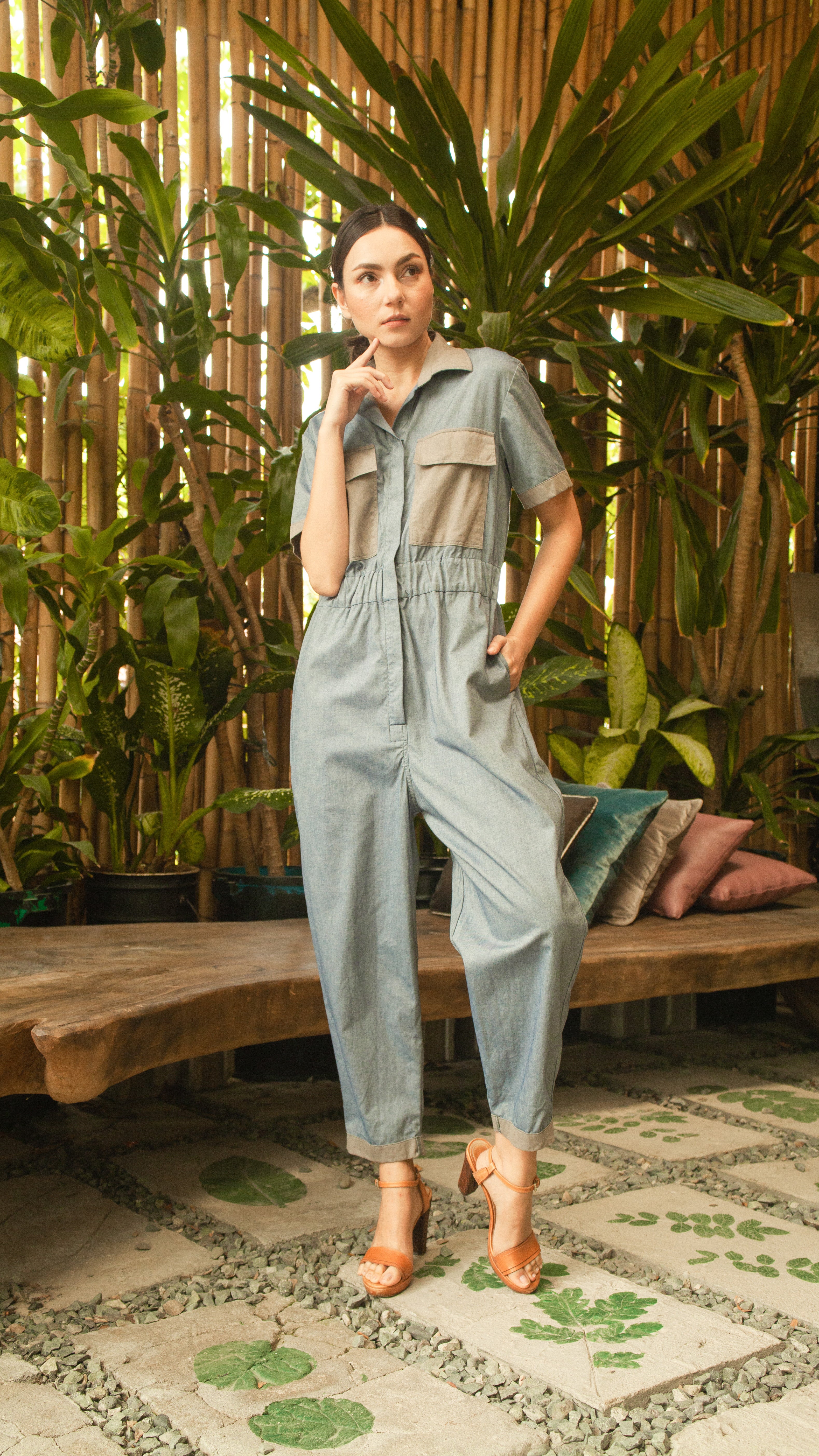 Elastic Waist Oversized Short Sleeve Baggy Jumpsuit — Light Blue / Light Brown