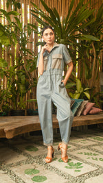 Load image into Gallery viewer, Elastic Waist Oversized Short Sleeve Baggy Jumpsuit — Light Blue / Light Brown
