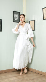 Load image into Gallery viewer, 3/4 Mushroom Sleeve Open Back Wrap Long Dress — White
