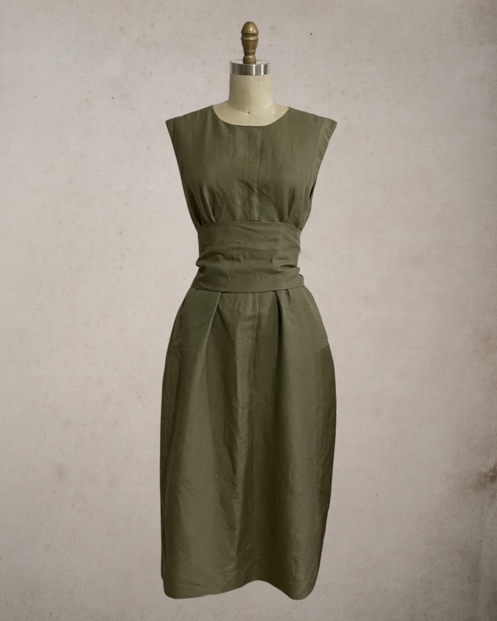 Wide Wrap Belt Dress — Fatigue Green Linen