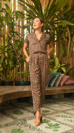 Load image into Gallery viewer, Front Zip Lapel Tapered Jumpsuit — Brown Floral
