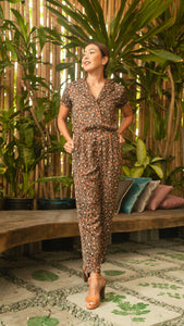 Front Zip Lapel Tapered Jumpsuit — Brown Floral