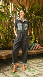 Load image into Gallery viewer, Elastic Waist Oversized Short Sleeve Baggy Jumpsuit — Dark Blue / Light Blue
