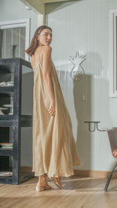 Spaghetti Strap Balloon Dress in Tan Linen