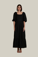 Load image into Gallery viewer, Back Zip Puff Sleeve Dress in Black Linen
