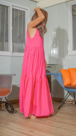 Load image into Gallery viewer, Double Strap V-Neckline Long Dress in Fuchsia Woven Polyester
