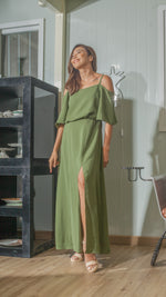 Load image into Gallery viewer, Flounce Cutout Sleeve Double Slit Front Dress in Fatigue Green Crepe
