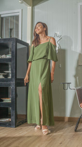 Flounce Cutout Sleeve Double Slit Front Dress in Fatigue Green Crepe